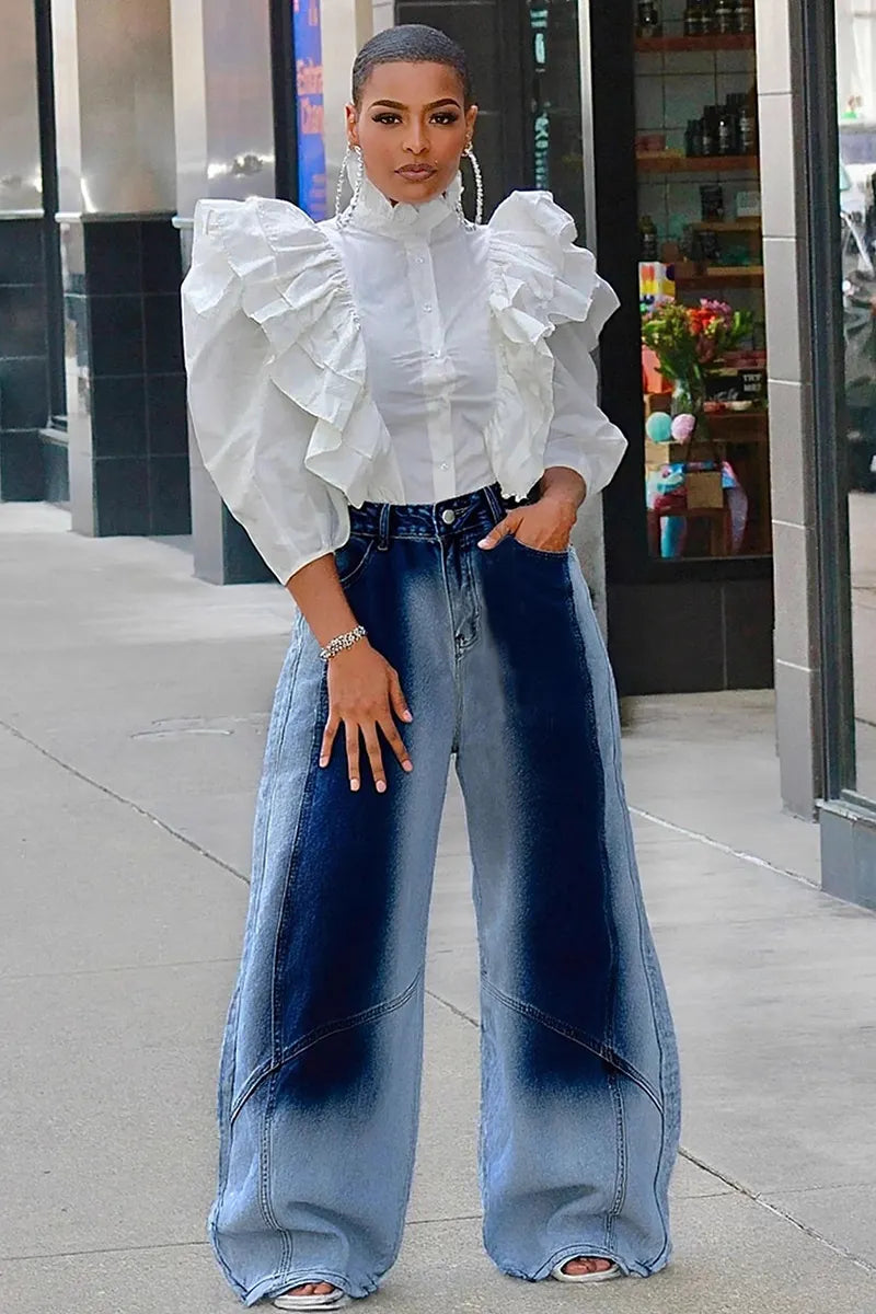 Women's Vintage Faded Wide-Leg Flared Jeans