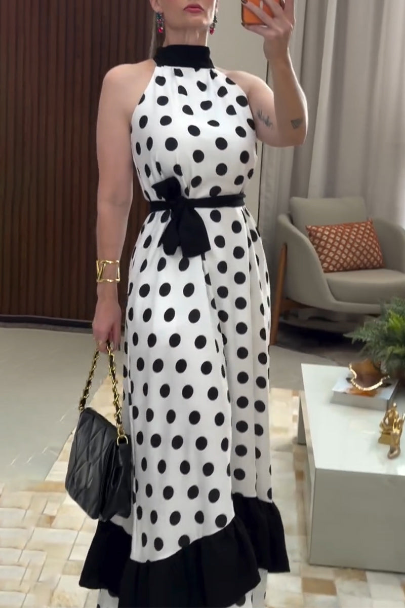 Women's Halter-Neck Cinched Waist Polka Dot Print Elegant Temperament Dress