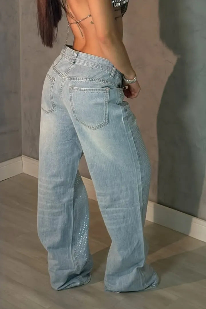Women's Rhinestone Washed Casual Floor-Length Jeans