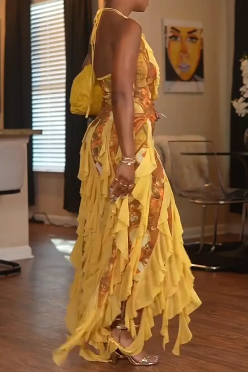 Women's Fashion Vacation Ruffle Decoration Print Maxi Dress