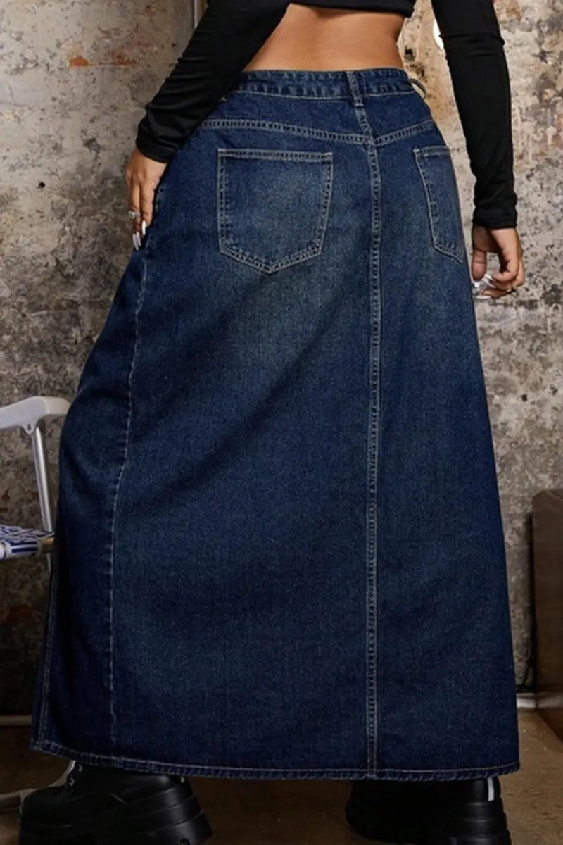 Ladies' Casual Dark Washed High Waisted Lace Up Denim Skirt, Long Skirt