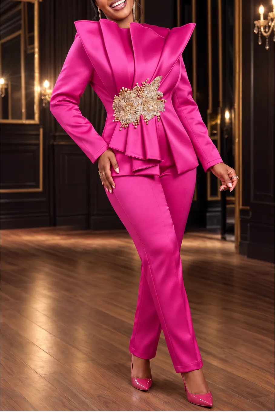 Women's Elegant 2 Piece Pantsuit Stand Collar Ruffle Peplum Blazer with Beaded Applique and Slim Fit Trousers Set for Formal Evening Party Wedding