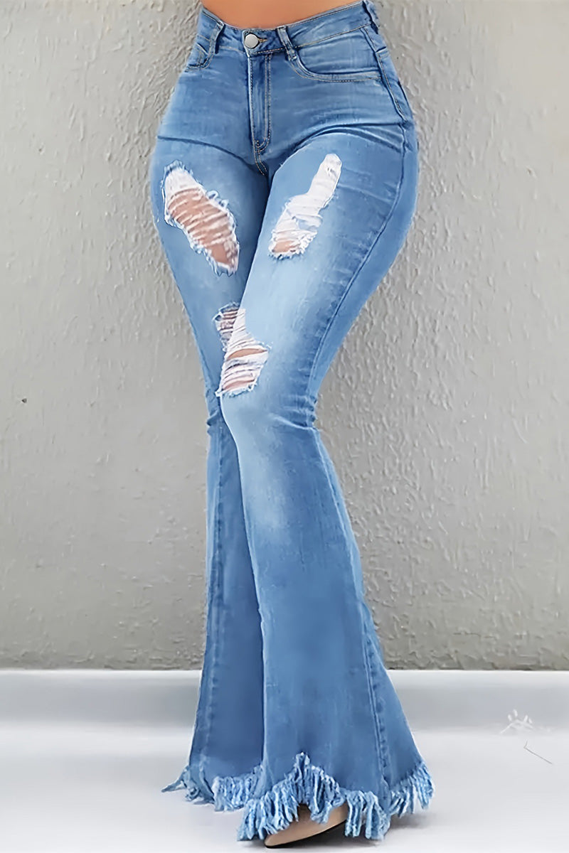 Women's Stylish Distressed Flared Jeans With Fringed Hem