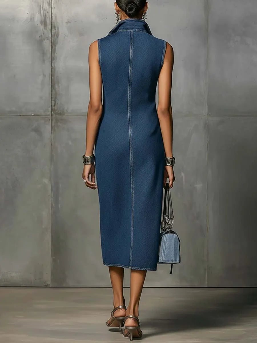 Women's sleeveless casual loose-fitting color-blocked denim dress with lapel collar