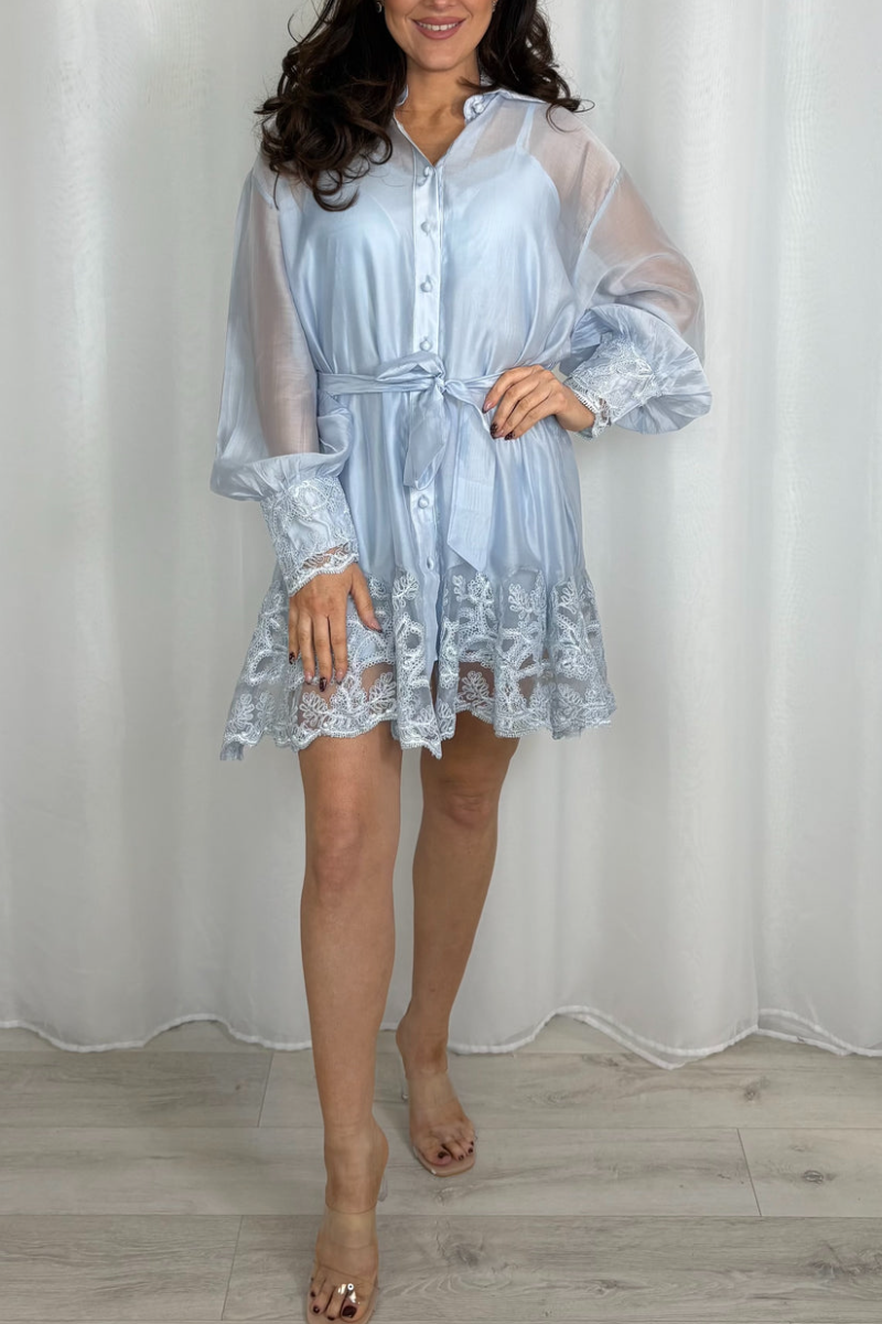 Women Elegant and Casual Satin Lace Shirt Dress