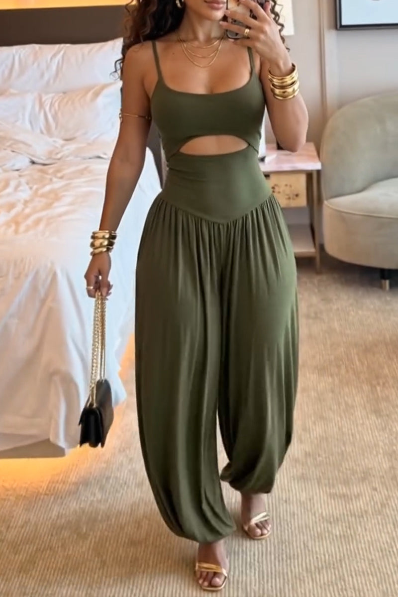 Women's Casual Cut-Out Design Loose Elastic Cuff Jumpsuit