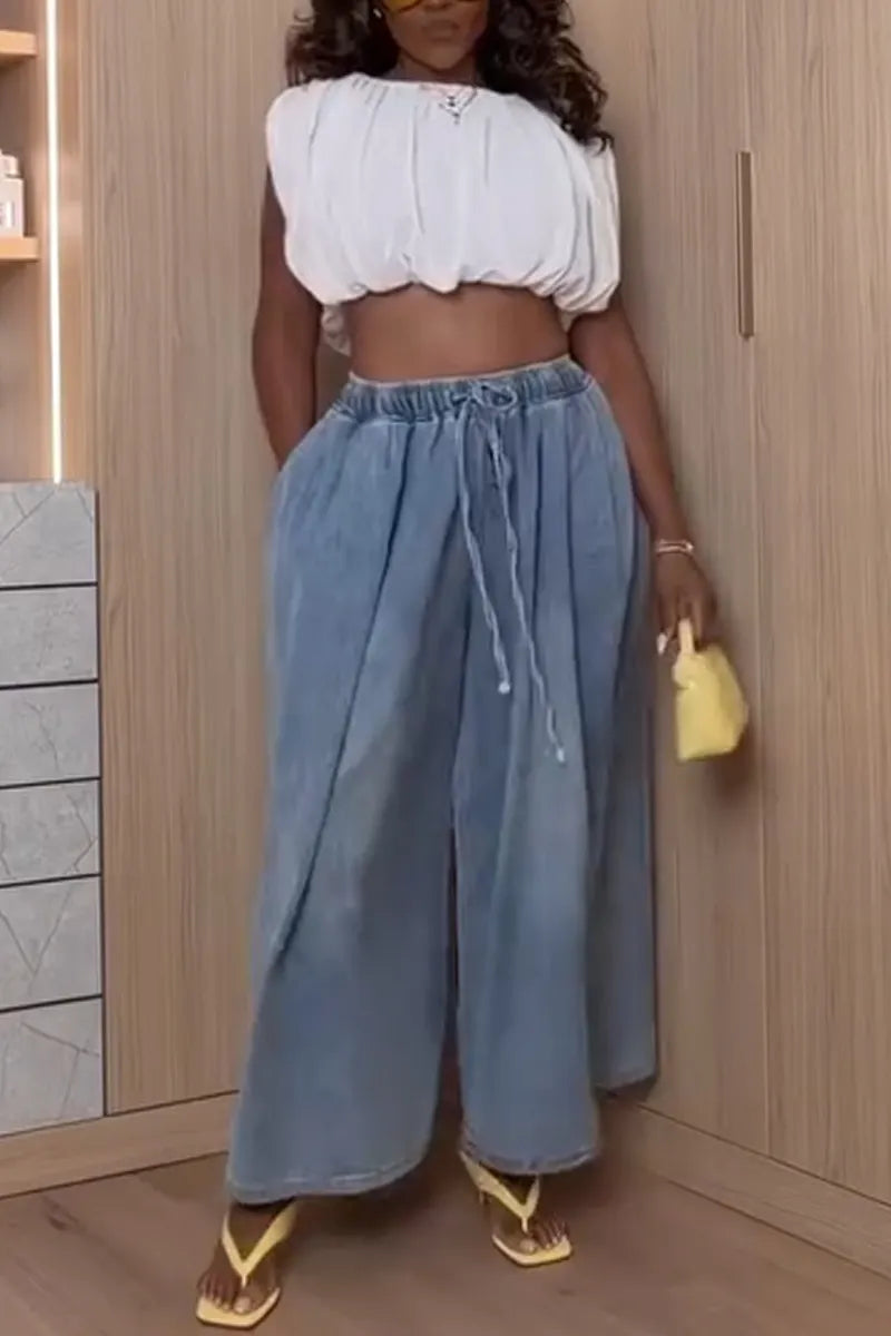 Women's Casual Round Neck Solid Color Top or Washed Wide Leg Jeans