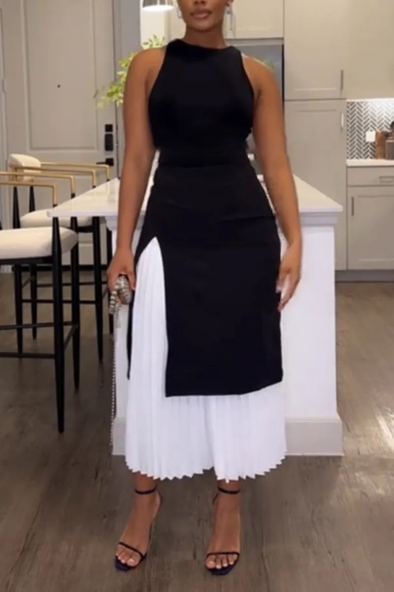 Women Round Neck Sleeveless Patchwork Pleated Elegant Temperament Midi Dresses