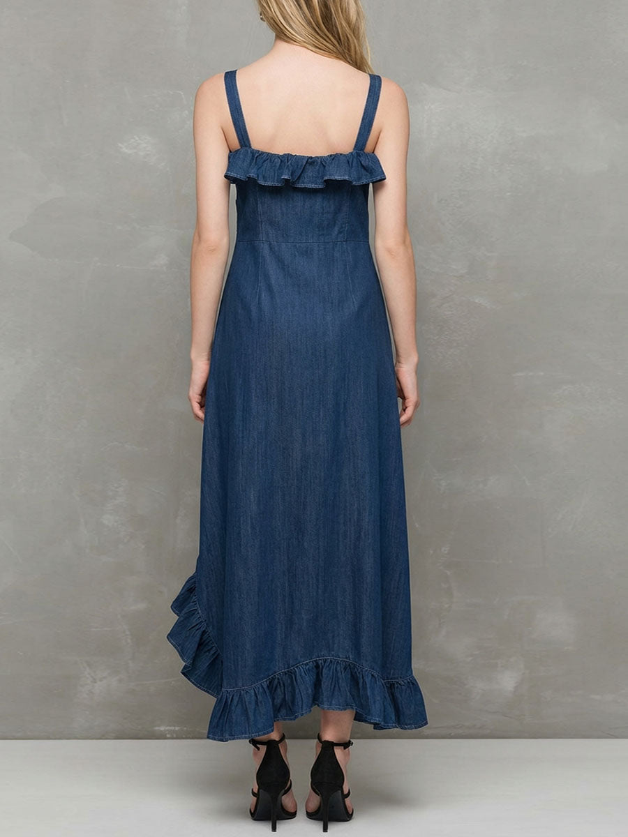 Women's Sleeveless Casual Loose-fit Ruffled Denim Strappy Dress