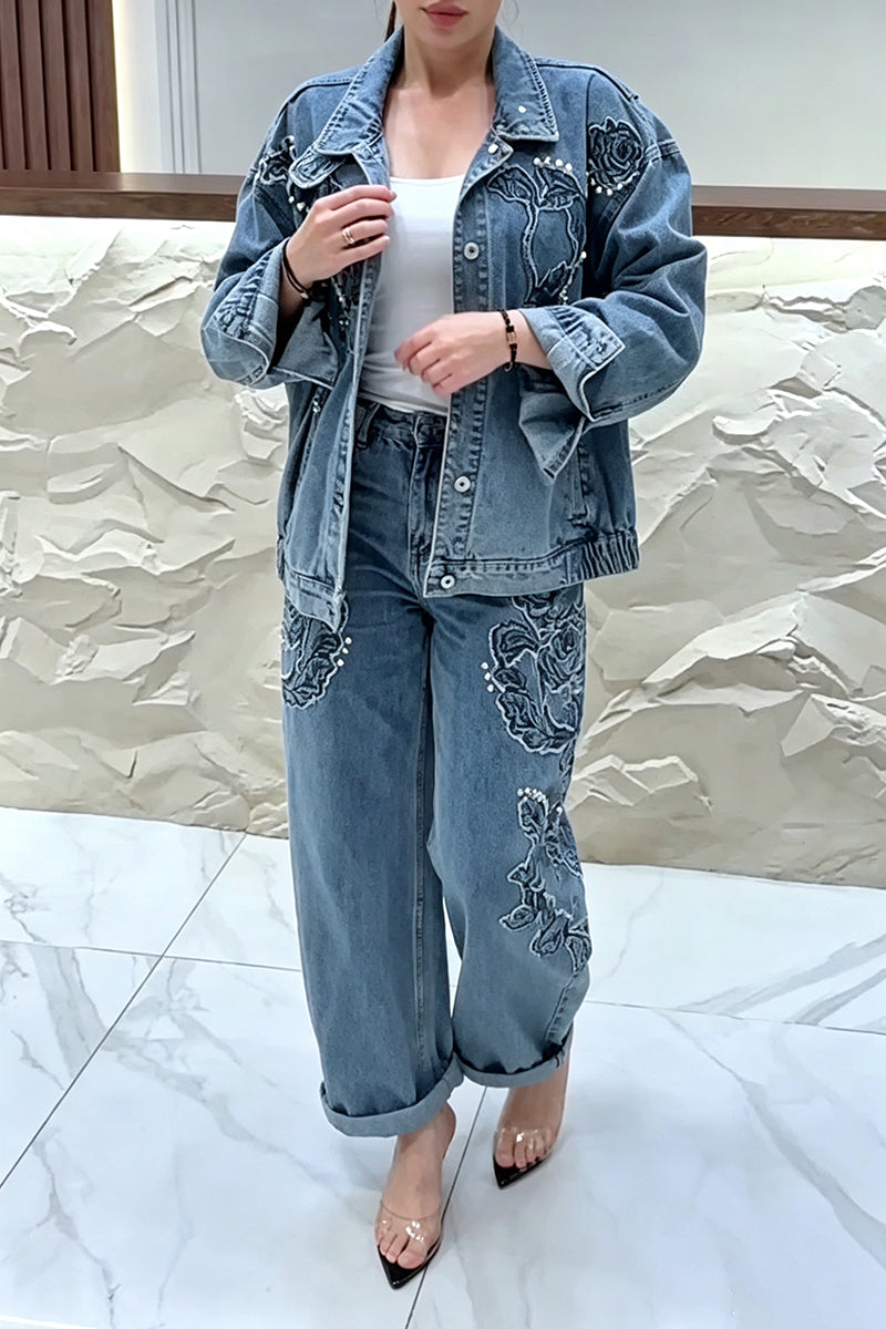 Women's Casual Embroidery Rhinestone Decoration Denim Jacket or Jeans