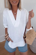 Women V-neck Solid Color Casual Cotton and Linen Top