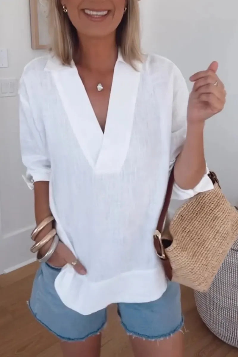 Women V-neck Solid Color Casual Cotton and Linen Top