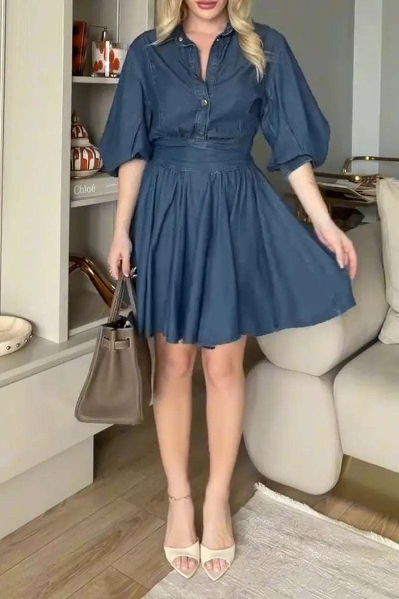 Women's Casual Puff Sleeve Waist Cinching Denim Mini Dress