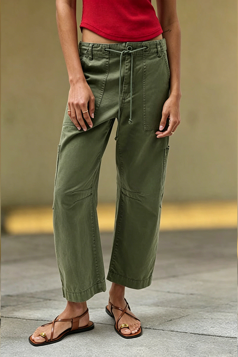 Women's Casual Versatile Waist Drawstring Trim Barrel Jeans
