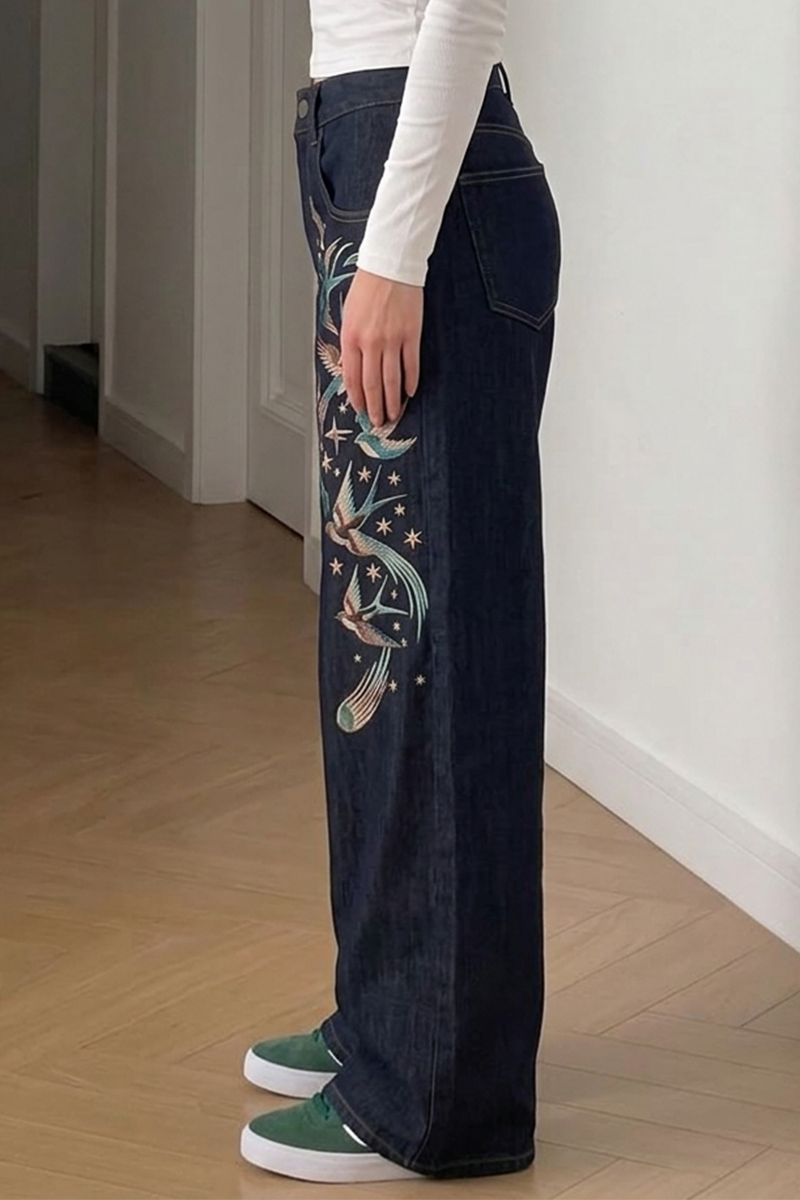 Women's Vintage Bird Embroidered Wide Leg Jeans High Rise Loose Baggy Dark Wash Denim Pants