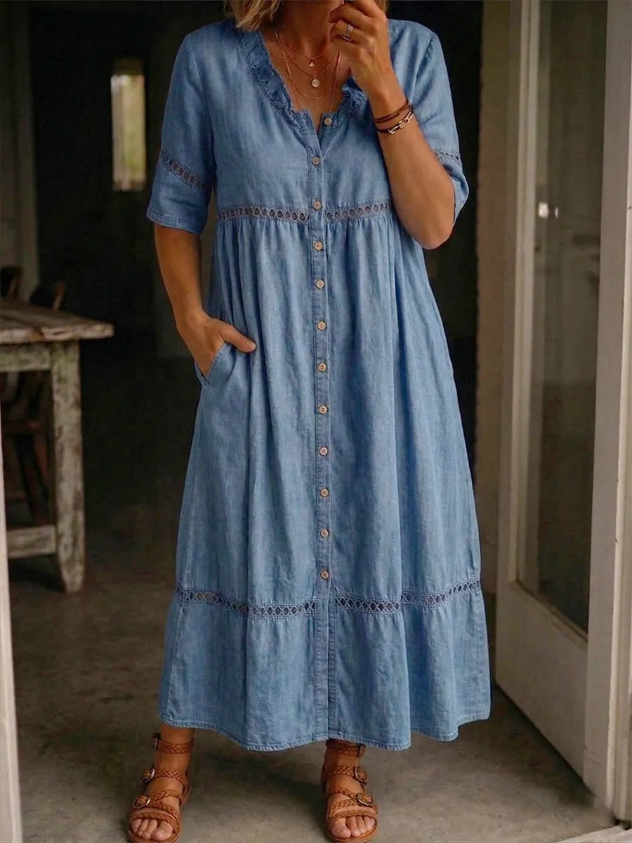 Casual Denim Dress With Cutout Webbing And Ruffled Collar