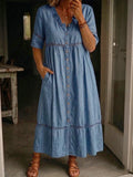 Casual Denim Dress With Cutout Webbing And Ruffled Collar
