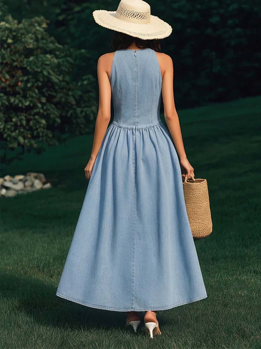 Women's Solid Color Art Stylish V-Collar Casual Denim Dress