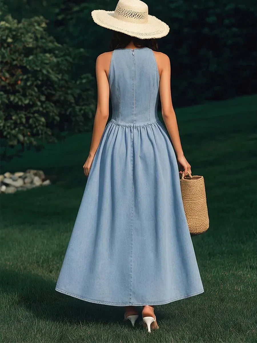 Women's Solid Color Art Stylish V-Collar Casual Denim Dress