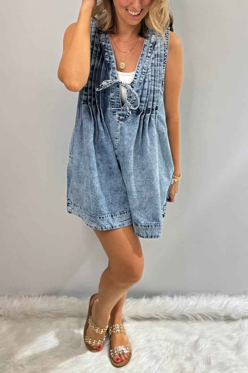 Women's V-neck Patchwork Pleated Washed Water Casual Short Jumpsuit