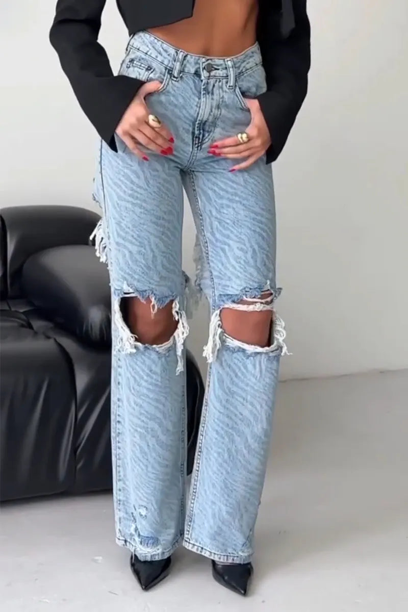 Women's Pattern Printed Ripped Casual Jeans