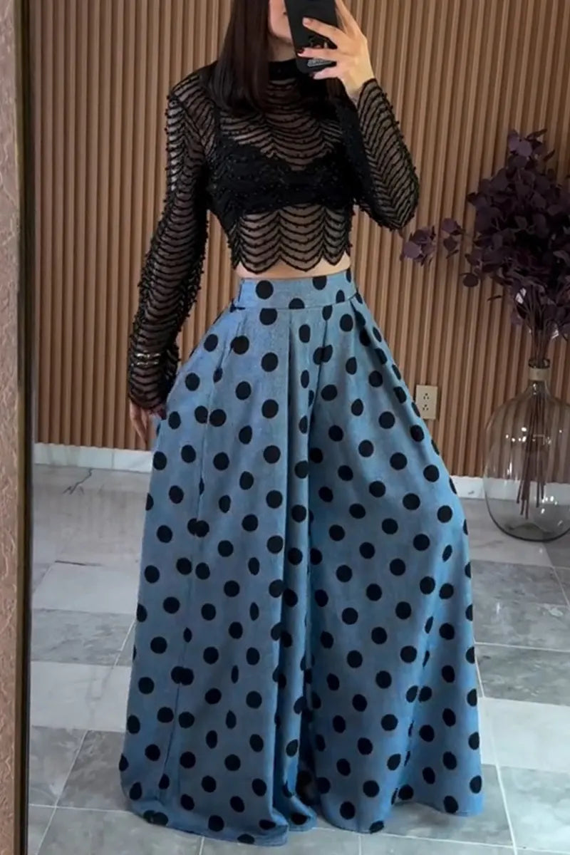 Women's Fashion Wide Leg Loose Polka Dot High Waist Pants