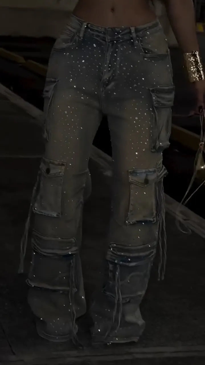 Women Patchwork Multi-pocket Hotfix Rhinestone and Washed Casual Jeans