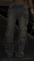 Women Patchwork Multi-pocket Hotfix Rhinestone and Washed Casual Jeans