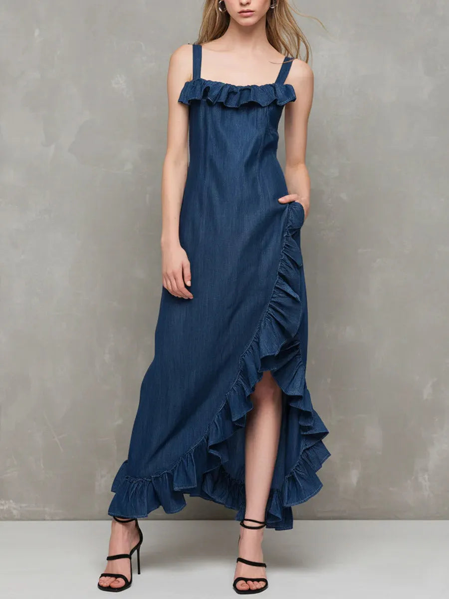 Women's Sleeveless Casual Loose-fit Ruffled Denim Strappy Dress