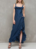 Women's Sleeveless Casual Loose-fit Ruffled Denim Strappy Dress