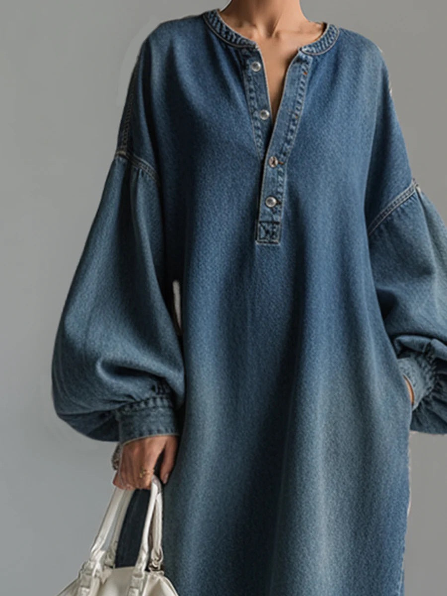 ✨Vintage V-Neck Lantern Sleeve Denim Dress✨