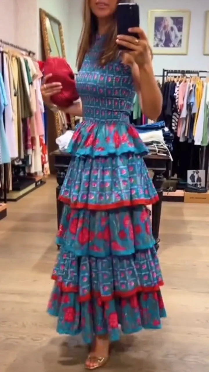 Women Round Neck Sleeveless Patchwork Printed Casual Dress