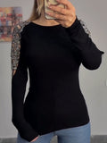 Women Round Neck Sleeves Hollowed Out Hot Stamping Rhinestone Casual Top