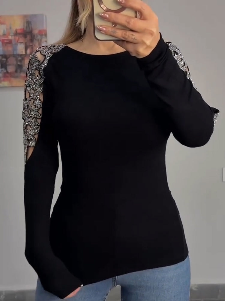 Women Round Neck Sleeves Hollowed Out Hot Stamping Rhinestone Casual Top