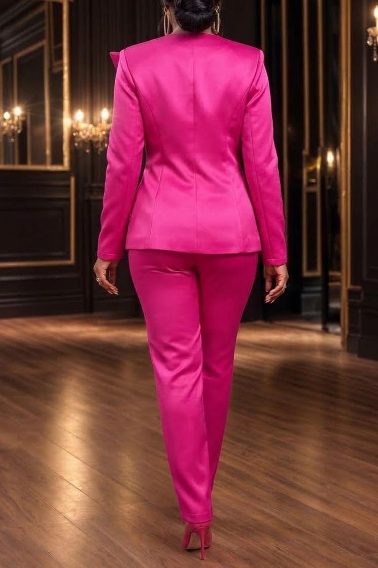 Women's Elegant 2 Piece Pantsuit Stand Collar Ruffle Peplum Blazer with Beaded Applique and Slim Fit Trousers Set for Formal Evening Party Wedding