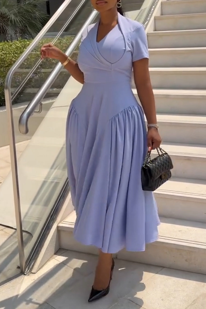 Women's V-neck Patchwork Waist Cinching Solid Color Elegant Temperament Dress