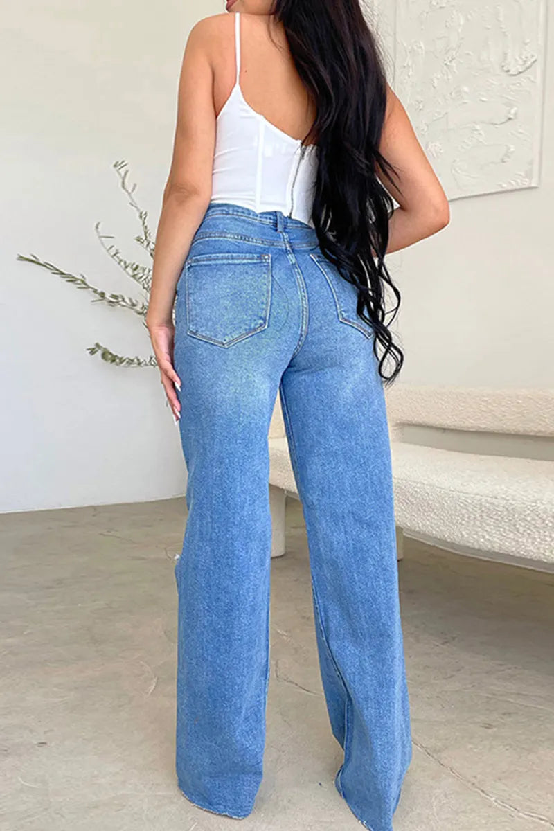 Women's Casual Ripped Washed Raw Wide Leg Jeans