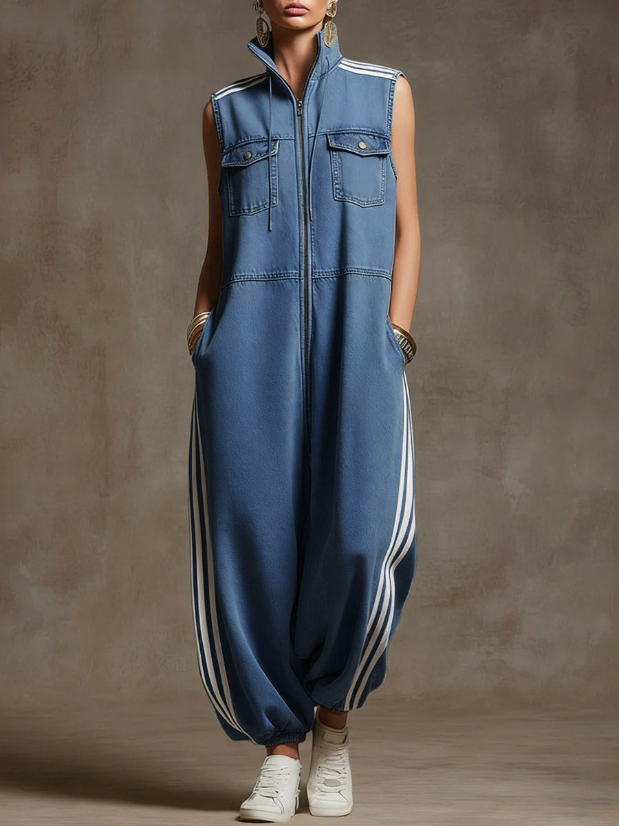 Women's Stand-collar Sleeveless Loose-fit Denim Wide-leg Jumpsuit