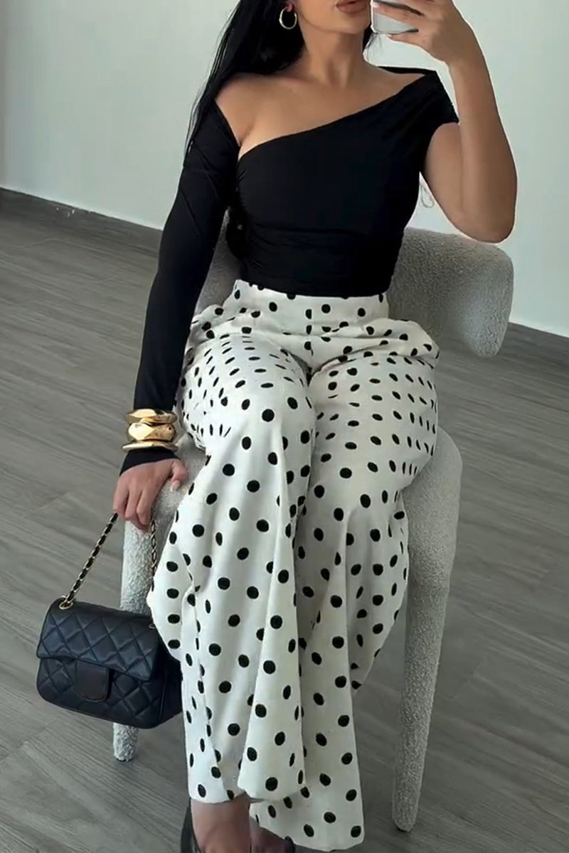 Women's Casual Asymmetric One-Sleeve Top or Polka Dot Wide Leg Pants