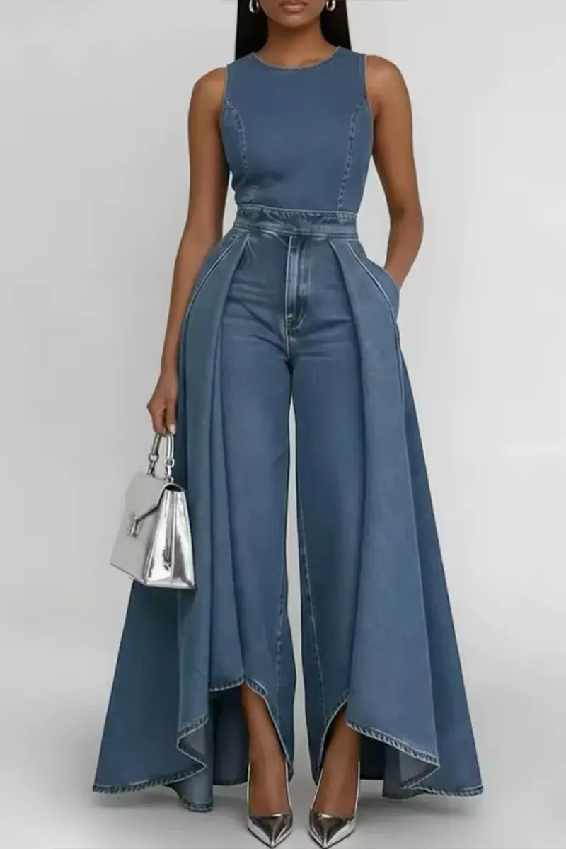Women's Elegant Vintage Pleated High Low Hem Jeans