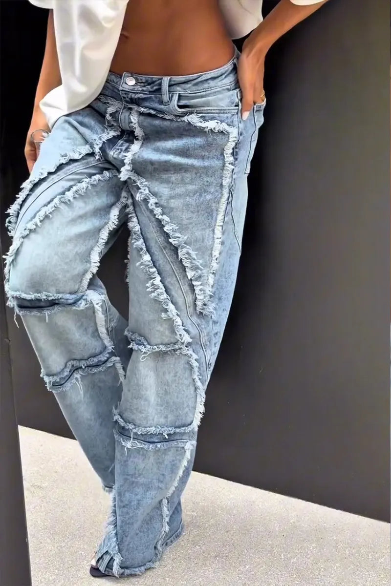 Women's Designer Panel Denim Washed Raw Hem Wide Leg Jeans
