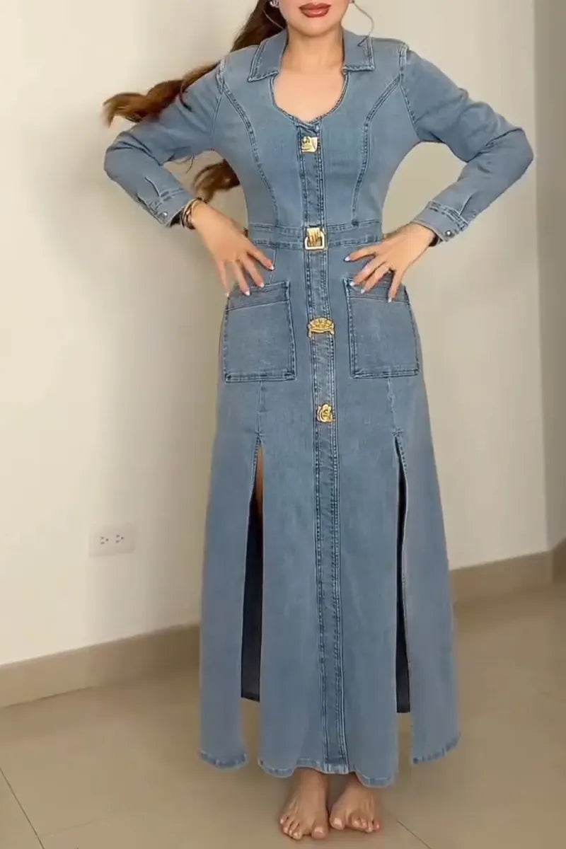 Women's Elegant Slit Hem Button Trim Denim Dress