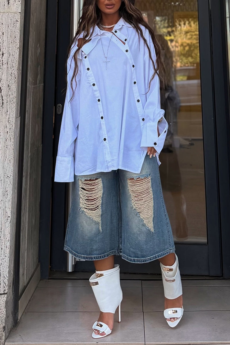 Women's Fashion Button Design Shirt or Ripped Short Jeans