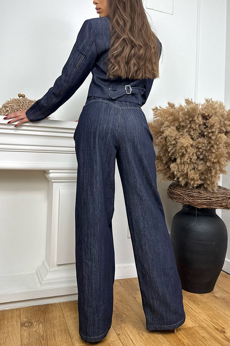 Women's Fashion Wide Shoulder Lapel Denim Jacket or Jeans