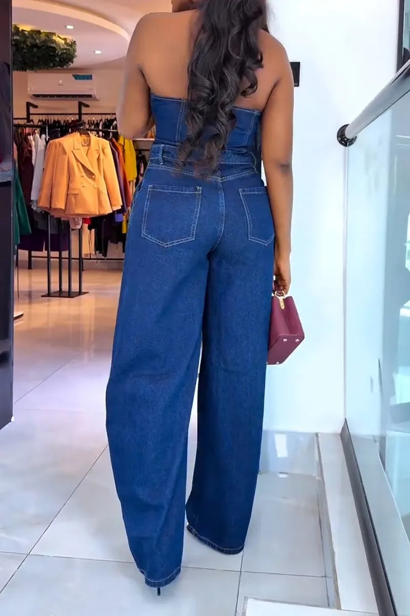 Women's Casual Summer Halter Button Front Backless Denim Jumpsuit