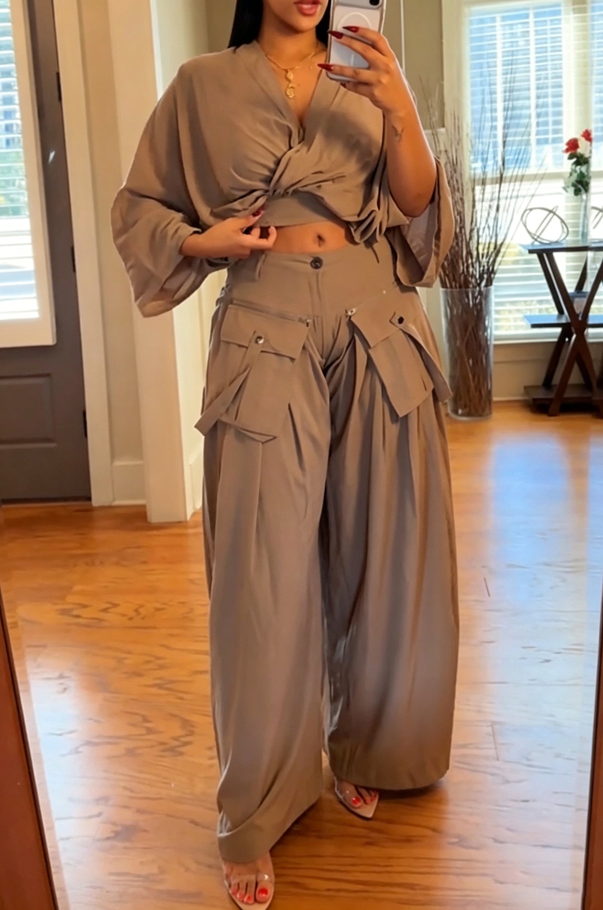 Women's Fashion Batwing Top or Detachable Pocket Wide Leg Pants