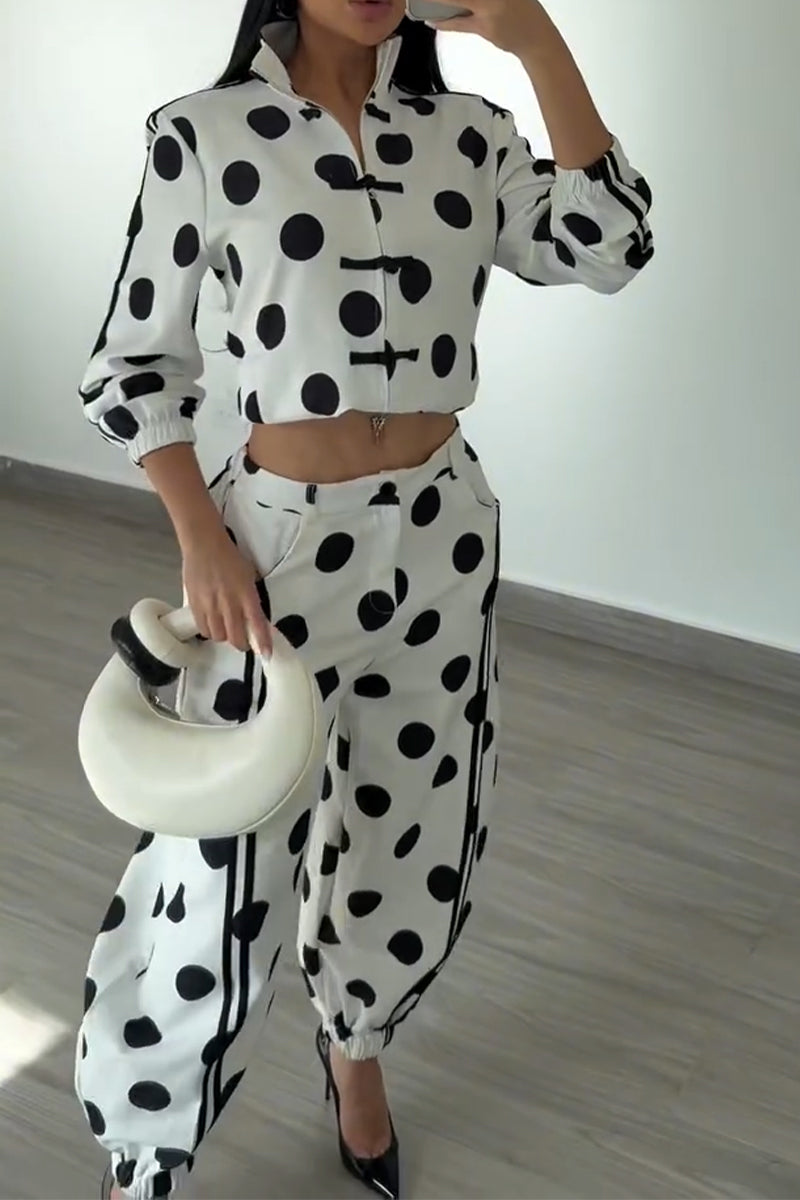 Women's Collar Polka Dot Printed Jacket+ Pants Casual Suit