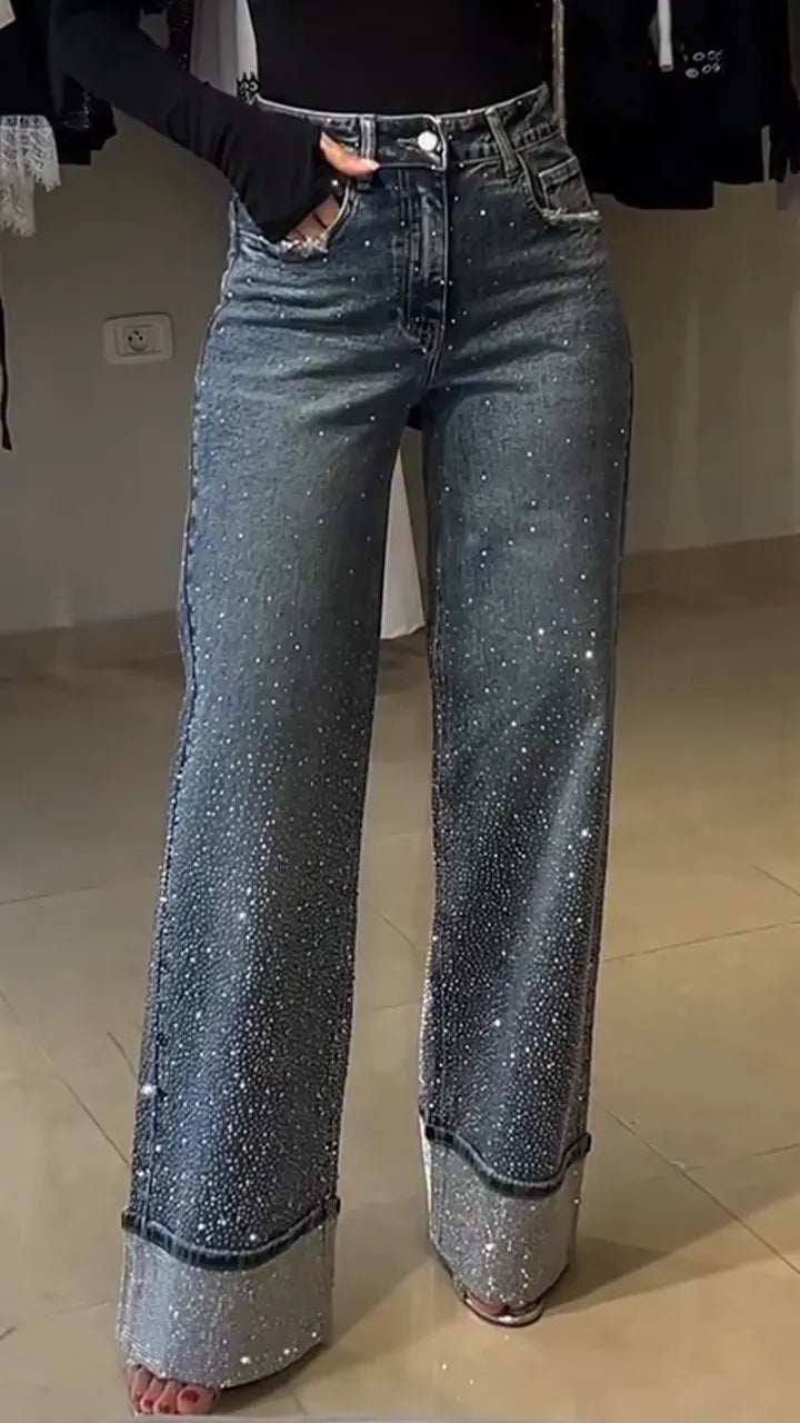 Women Rhinestone Washed Stitching Casual Jeans