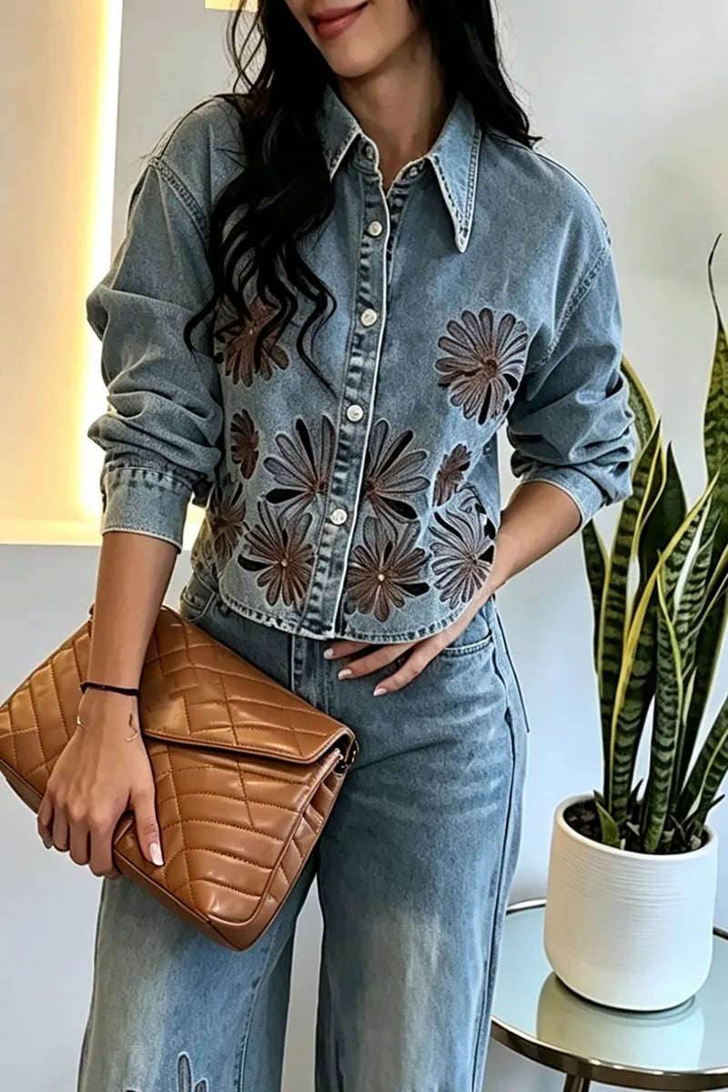Women's Casual Embroidery Cut-Out Denim Shirt or Wide Leg Jeans