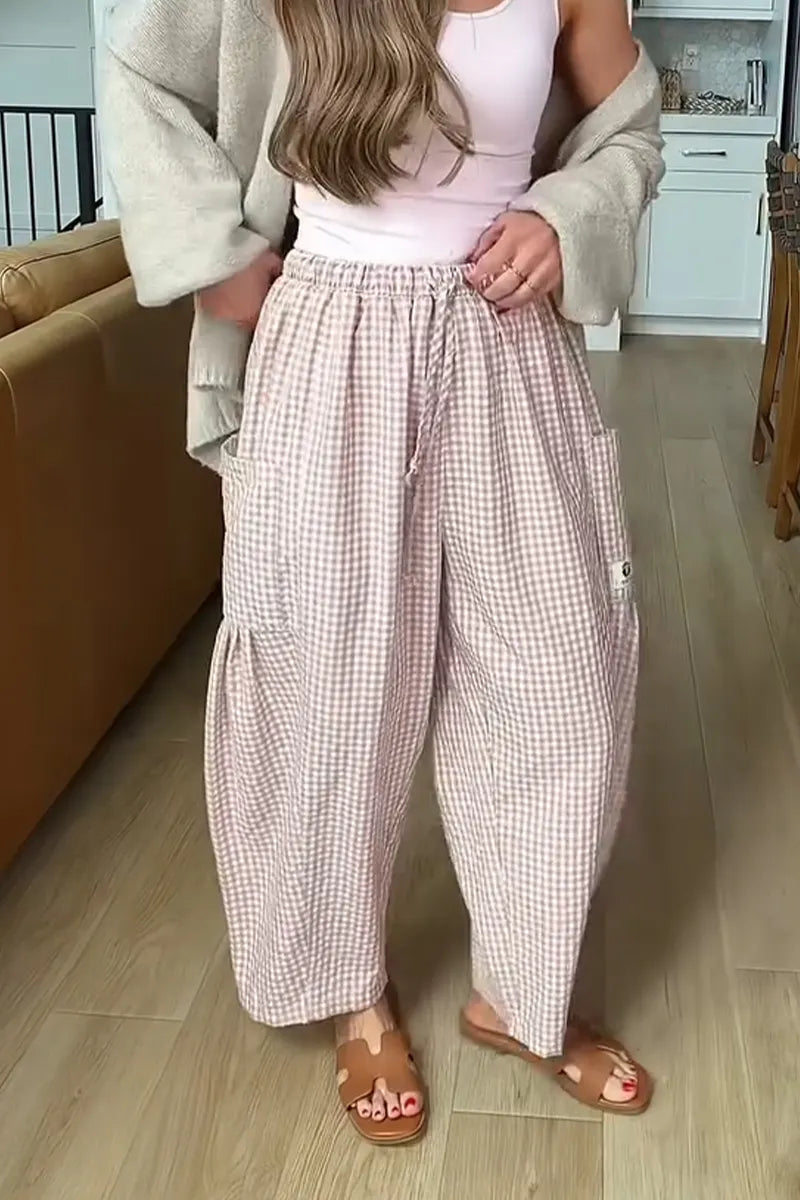 Women Drawstring Plaid Casual Loose Linen Pants